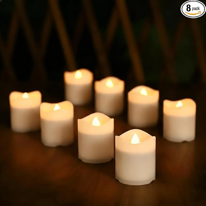 Solar Candles Outdoor Waterproof 8pcs Rechargeable Dusk to Dawn Little Votive Candles Flameless Flickering Solar Tea Lights for Patio Yard Deck Pathway Window Outdoor Lantern Decor (Warm White)