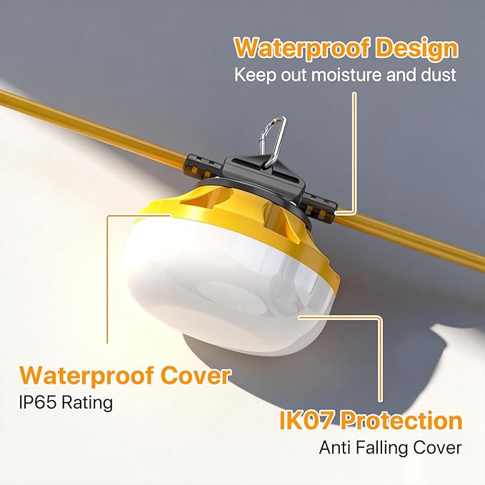 LED Construction String Lights: 50FT IP65 Waterproof ETL Certified Crawl Space Lights - 5000lm 18AWG Wire Linkable Temporary Construction Lighting for attic Lights with 5 Bulbs &amp Hooks