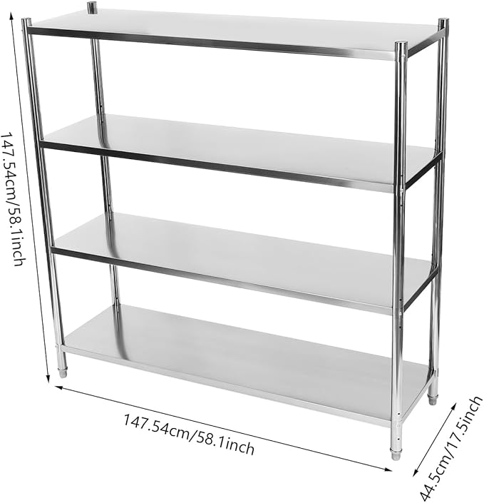 Stainless Steel Shelves58.1x17.5x58.1 Inch 4 Tier Shelving UnitAdjustable Height Stainless Steel Storage Shelf for Shopping MallsSupermarketsConvenience Stores (1320lbs)