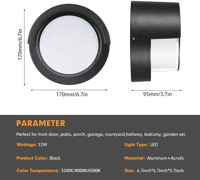 Outdoor Wall Lights 2 Pack 6 Inch Modern LED Wall Sconces 1200LM 3CCT Selectable (3200K/4000K/6500K) IP65 Waterproof Black Aluminum Exterior Light Fixtures for House Porch Garage