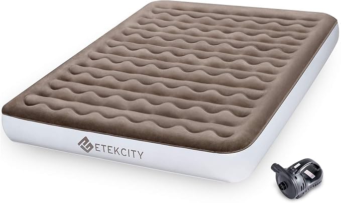 Etekcity Camping Air Mattress Inflatable Mattress Air Bed Queen Twin with Rechargeable Pump Leak-Proof Blow Up Mattress Raised Airbed  Height 9 Storage Bag  Brown