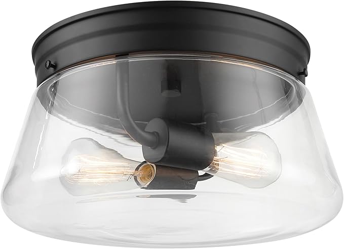 GLOBE Electric 44777 Aleyna 2-Light Outdoor Flush Mount Ceiling Light Matte Black Clear Glass Shade Bulb Not Included