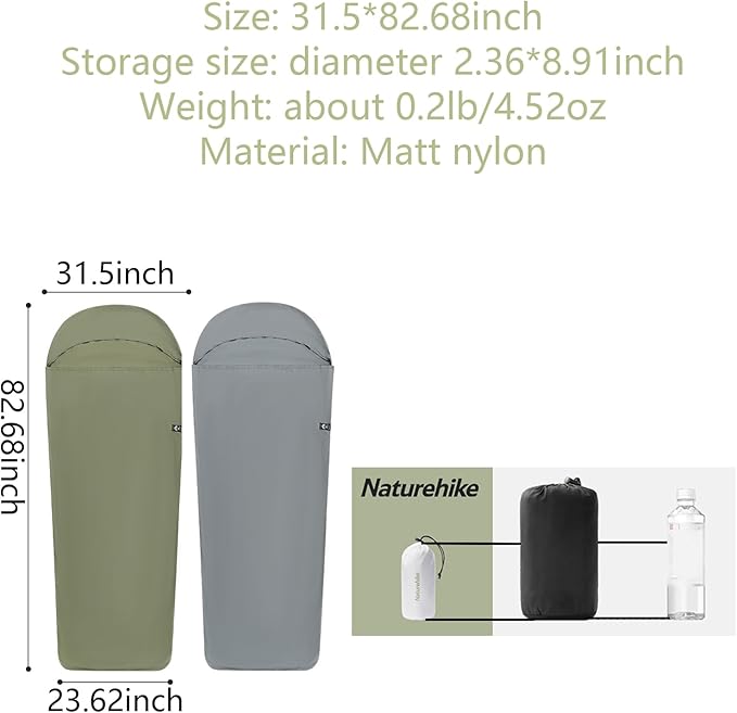 Naturehike 4.5oz Ultralight Sleeping Bag Liner Washable Travel Sheets for Adults Soft &amp Compact Lightweight Sleep Sack Adult for Backpacking Hotel Camping Hostels