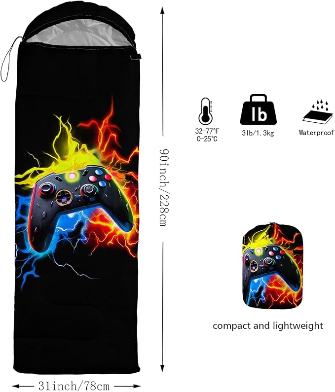 Axolotl Gaming Sleeping Bag for Boys Girls KidsGamepad Waterproof Portable Camping Bag3 Season Warm Cool Weather Lightweight Compact Camping Essentials Gear for Travelling Hiking Green Purple Orange