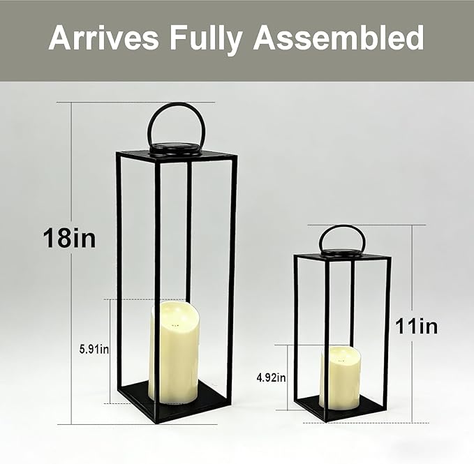 Set of 2 Large Solar Lanterns Outdoor Lighting 18 &amp 11 Inch - Black Metal Waterproof for Porch Patio Garden Decor Farmhouse Style All Year Round with Solar Candles