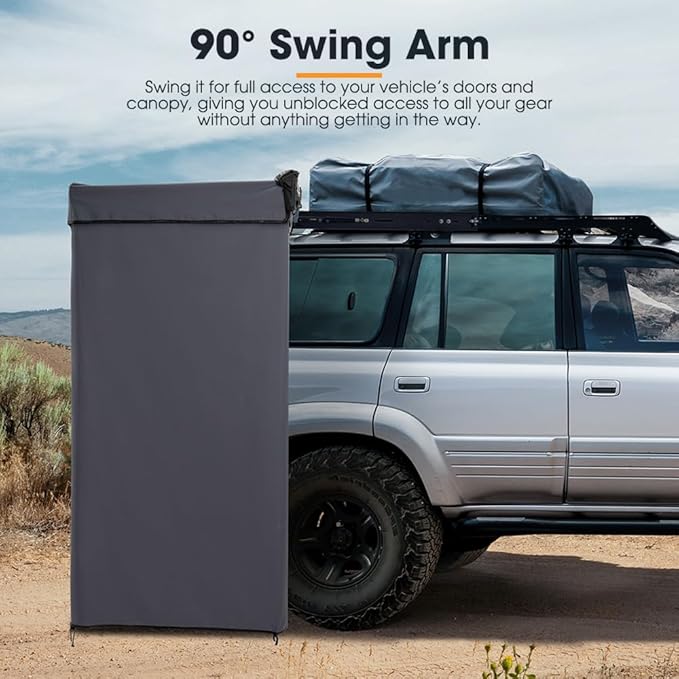 SanHima Awning Shower Tent with 90° Swing Arm - Car Side Shower Room w/LED Light Camping Waterproof Portable Privacy Shelter Bathroom Overland Gray