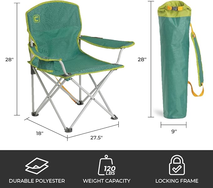 CORE Youth Quad Chair | Folding Chair with Cupholder for Indoor Home or Outdoor Camping | Perfect for Concert Seat Sports Beach Travel &amp Picnic (Green)