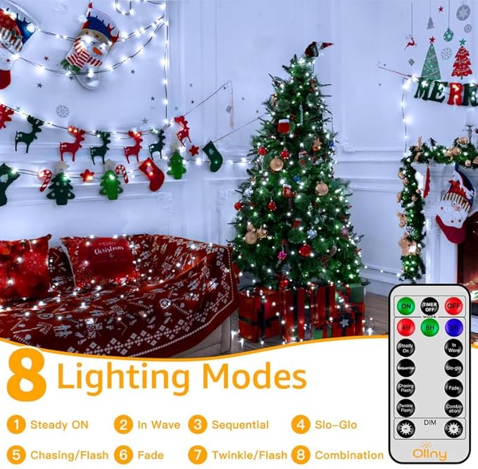 Ollny Christmas Lights 198 FT 600 LED Outdoor Waterproof Plug in Christmas Tree Lights with 8 Modes Remote Timer String Lights for House Yard Outside Indoor Xmas Decorations White