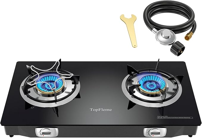 2 Burner Propane Stove 27200 BTU High-Efficiency Tempered Glass Auto-Ignition Gas Burner Stove Top with CSA Hose for Outdoor RV Camping Emergency Cooking