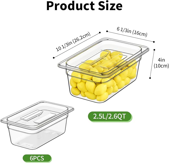 1/4 4'' 6 Pack Plastic Food Pans With Lids Clear Food Pan Commercial Stackable Polycarbonate Freezer-Safe for Fruits Vegetables Restaurant Kitchen