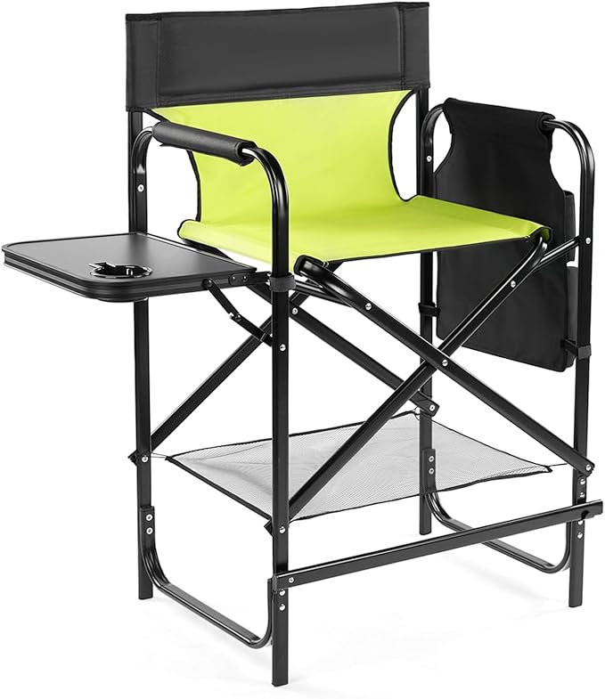 Tall Camping Directors Chair 26 Portable Folding Artist Makeup Chair with Side Table Pocket Footrest Concert Outdoor Foldable Camp Lawn Chairs (Neon Green)