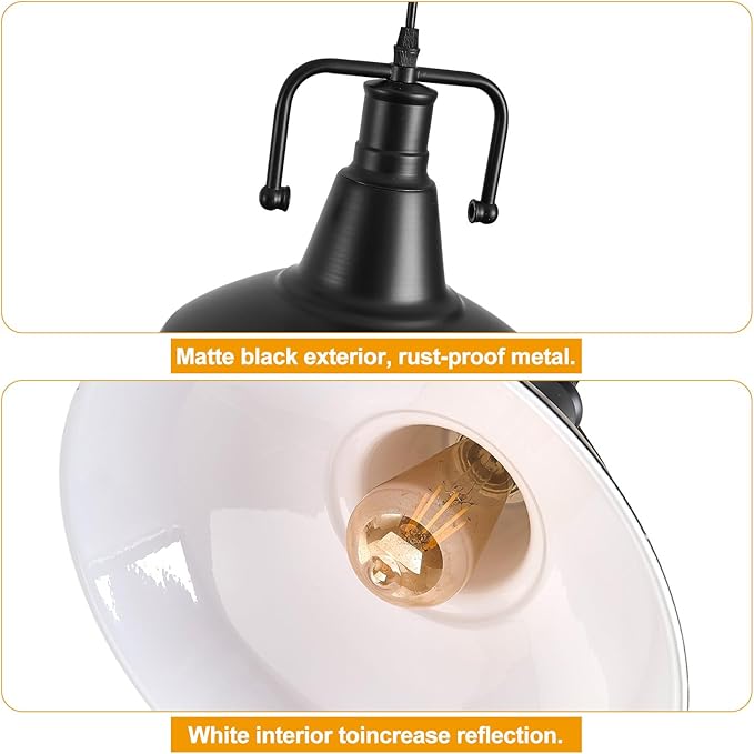 3PCS Farmhouse Pendant Light for Kitchen Island Black Pendant Lights Fixtures with Metal Shade Industrial Barn Hanging Lights for Hallway Kitchen Sink Dining Room Living Room（Bulb not Included）