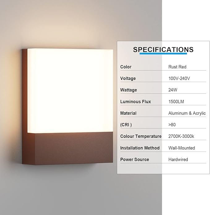 Modern Outdoor Led Wall Light 24W 3000K Wall Porch &amp Patio LightExterior Hardwired Wall Light FixturesIP65 Waterproof Square Wall Lamp for Garage Front DoorHouse Yard(Rust1-Pack)