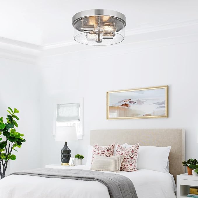 Flush Mount Ceiling Light Fixtures 2-Light 12 Inch Brushed Nickel Close to Ceiling Light Fixtures with Seeded Glass Shade Ceiling Light Fixture for Porch Hallway Bathroom Dining Room and Foyer