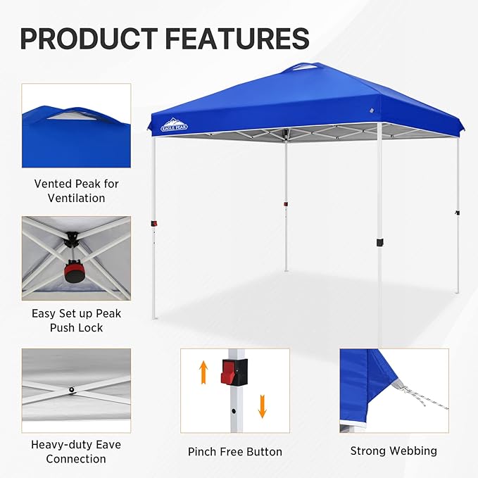 EAGLE PEAK Pop Up Canopy Tent with Wheeled Carry Bag 8 Stakes 4 Ropes Easy Set Up Tent Canopy 8x8 ft Blue