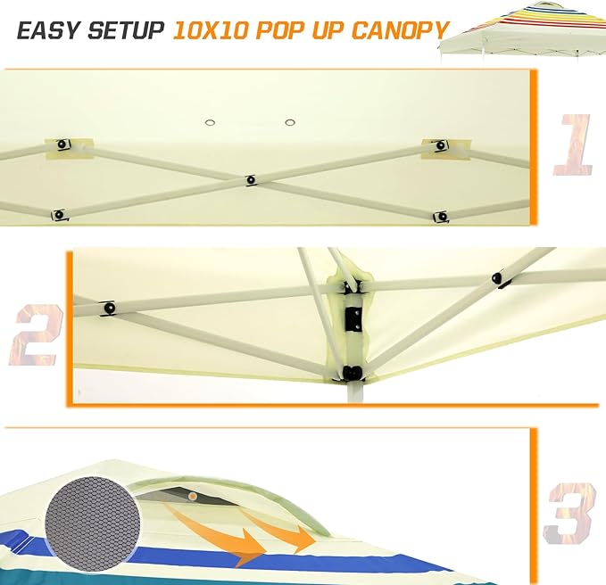 EAGLE PEAK Pop Up Canopy Tent with Wheeled Carry Bag 8 Stakes 4 Ropes 4 Weight Bags Easy Set Up Tent Canopy 10x10 ft 100sqft of Shade Retro Stripe Tan