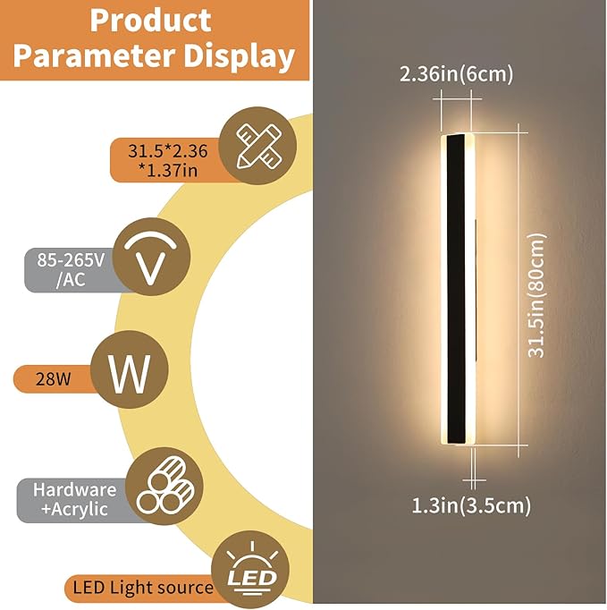 Outdoor Wall Light Fixture 31.4inch Black Modern Linear Exterior Sconce IP65 Waterproof Dimmable 3000K-6000K with Remote Control Wall Mount Garage Lighting for Porch Patio Yard House
