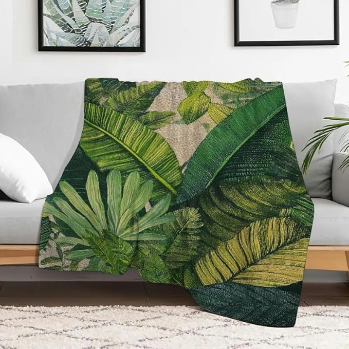 Green Leaves Flannel Blanket Soft Cozy Decorative Blanket for Sofa Travel Camping All Season Multi-Purpose Gift 50x60in