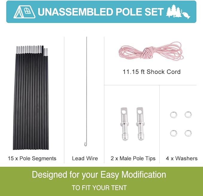 Unassembled Tent Poles Replacement Female and Male End Tent Compatible Aluminum Tent Pole Repair Kit 2 Poles Pack