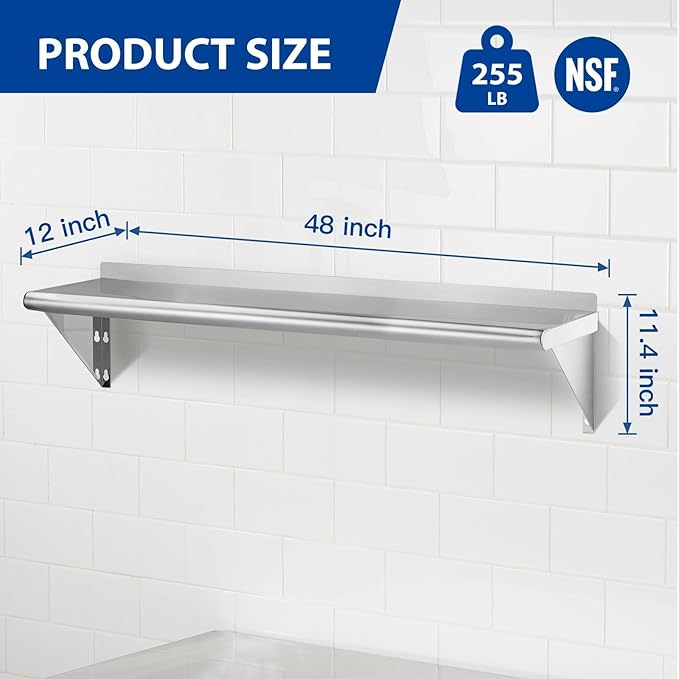 APLSS NSF Stainless Steel Wall Shelf 12 x 48 Inches 255 lb Floating Mount Rack for Commercial &amp Residential Use