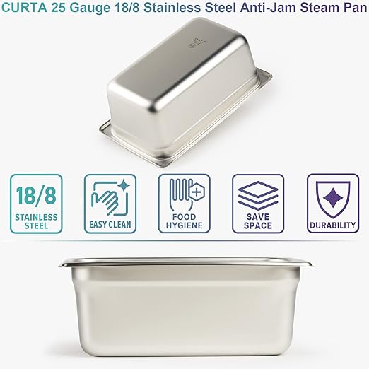 CURTA 6 Pack Anti-Jam Hotel Pans 1/4 Size 4 Inch Deep NSF Commercial 18/8 Stainless Steel Chafing Steam Table Pan Catering Storage Metal Food Pan