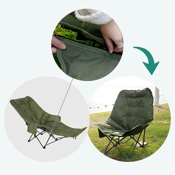 Dual Purpose Folding Camping Cot and Chair with Removable Footrest for Adults Easy-to-Assemble Adjustable Sleeping Chair with Carry Bag for Fishing Hiking Travel Home (Dark Green)