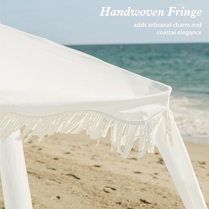 AMMSUN Beach Cabana with Beach Blanket 6.5' x 6.5' Boho Canopy with Tassels Premium Wood Pole Fringe Cabana Tent with Sand Pockets Instant Sun Shade for Sand Garden Outdoor Elegant White