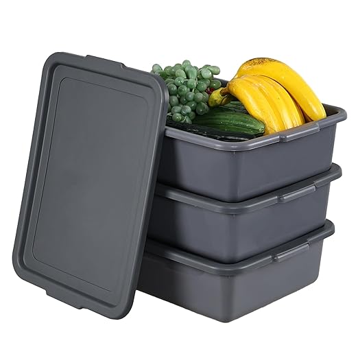3 Pack 13 Liter Bus Tub with Lid Restaurant Dish Tub with Lids Grey