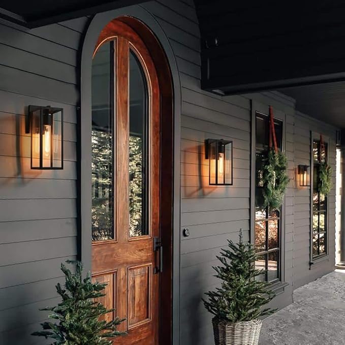 LALUZ Black Outdoor Wall Lights Modern Farmhouse Outdoor Light Fixture Wall Mount with Clear Glass Waterproof Rectangular Exterior Outdoor Sconce Wall Lantern Lights for House Porch Patio Garage