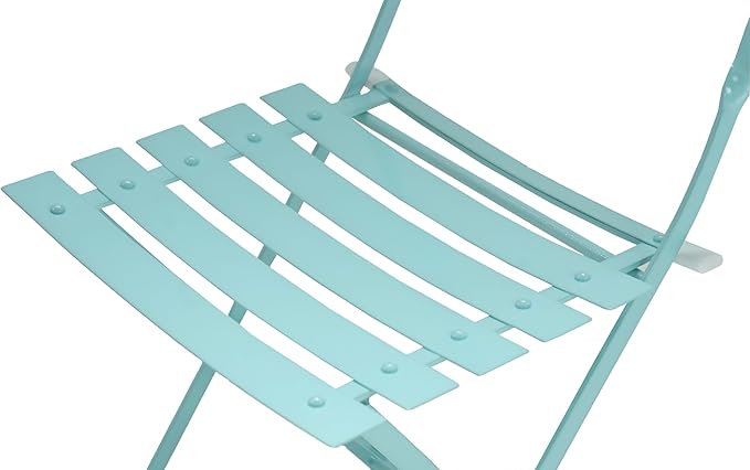 Carolina Chair &amp Table Bistro Set of 2 Foldable Outdoor Chairs - Elegant Powder Coated Metal Seat and Frame Folding Chairs - Modern Style Space Saving Furniture for Patio Balcony or Garden (Teal)