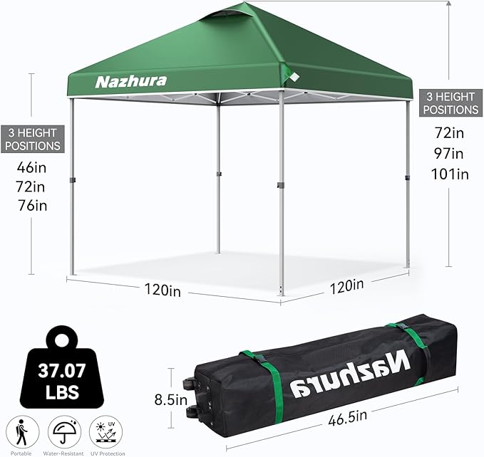 Nazhura 10' x 10' Pop Up Canopy Tent with Sand Weight Bag Awing for Patio Freestanding Sun Shelter for Picnic and Camping One Person Setup White (Green)