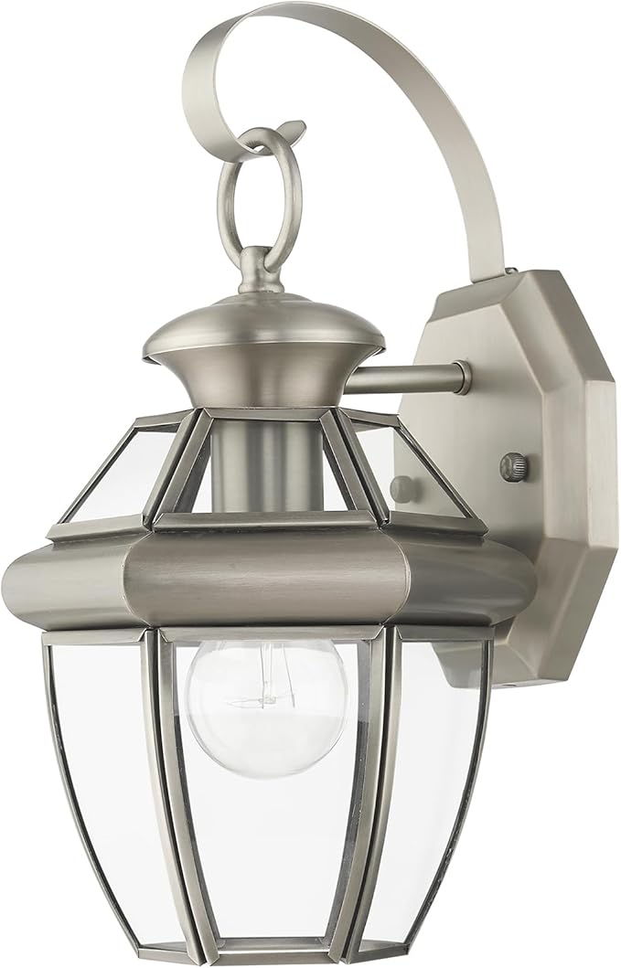 Livex Lighting 2051-91 Monterey 1 Light Outdoor Brushed Nickel Finish Solid Brass Wall Lantern with Clear Beveled Glass