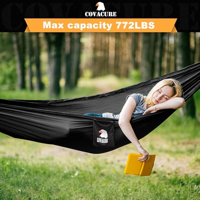 Covacure Camping Hammock - 772lbs Capacity Double Hammock with Tree Straps Lightweight Parachute Nylon Outdoor Survival Gear for Hiking Backpacking Travel or Backyard (Black)
