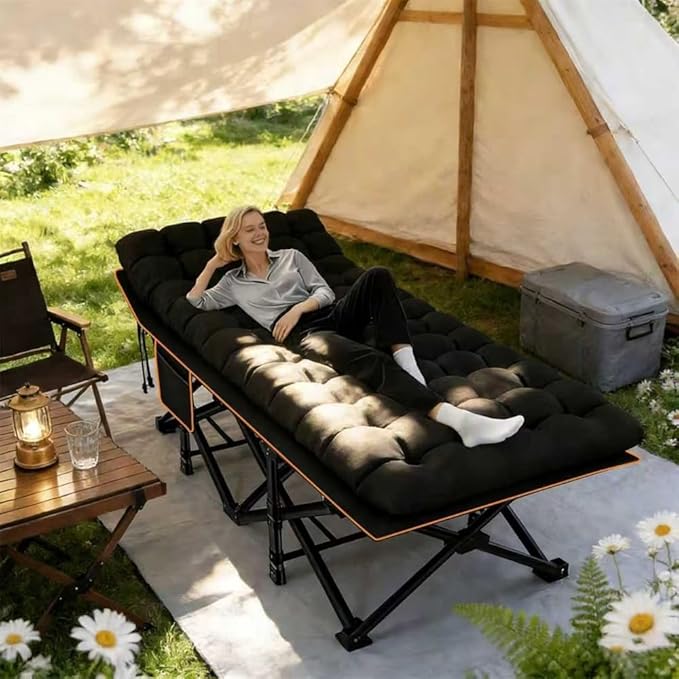 Comfortable and Soft Folding Bed Portable Camping cot with Side Pockets and Mattress Extra-Thick Oversized Folding Bed Weight Capacity of 500/600/700 lbs (Black 700lbs)