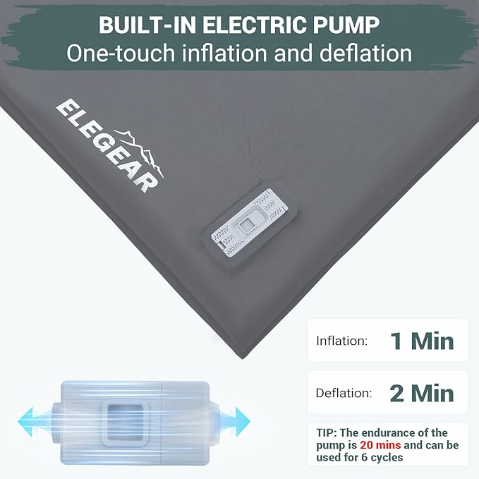 Elegear CumbreX™ Self Inflating Sleeping Pad Built-in Electric Pump 3.15 Ultra-Thick Memory Foam Camping Mattress Pad with Pillow Double Sleeping Pad for Camping R-value 9.5 Foam Camp Pad for Travel