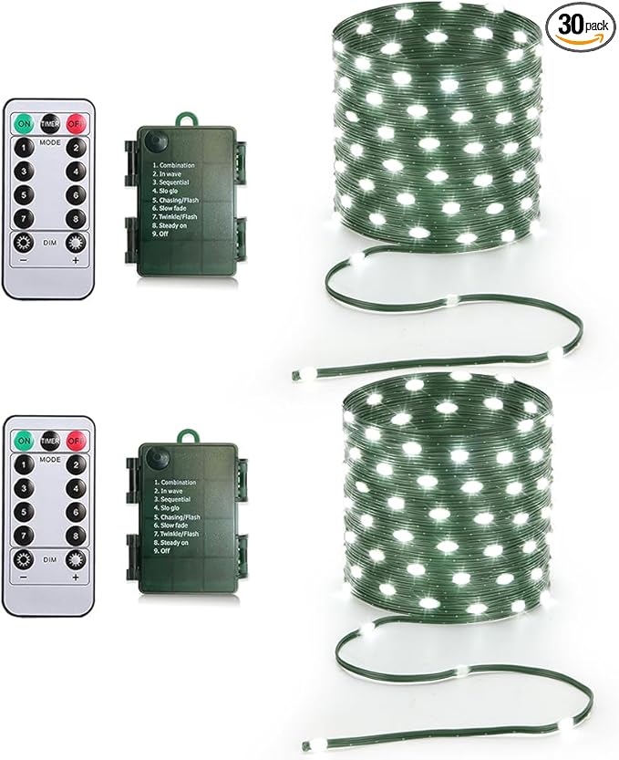33ft Battery Operated String Lights (2 Pack) 100 LED Fairy String Lights Battery Powered w/Remote &amp Timer for Indoor Outdoor Christmas Trees Wreath Decoration Bedroom Patio - Cool White