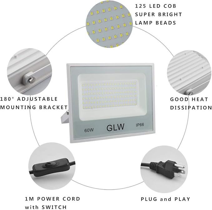 LED Flood Lights 60W 3 Pack 6000lm Super Bright Floodlight IP66 Waterproof Outdoor Security Work Light with Plug 6000K Daylight White Light for Garden Backyard Playground Yard Garage