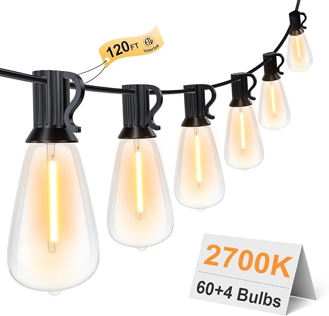 GPATIO 120FT Outdoor String Lights Waterproof Patio Lights with 64 Hanging Lights ST38 Bulbs 2700k Shatterproof for Backyard Gazebo Porch Garden Outside Decor