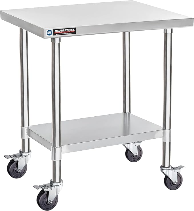 DuraSteel 24x30 NSF Stainless Steel Cart Work Table - Heavy Duty Rolling Food Prep Table Countertop Island - Metal Utility Cart on Wheels Caster Grill Stand Storage Outdoor Kitchen Tables Bar Top
