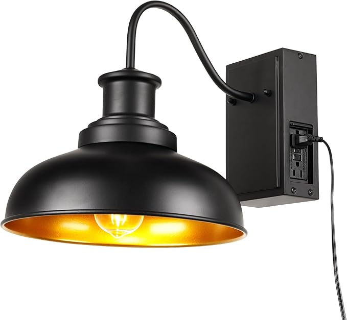 Outdoor Barn Light with GFCI Outlet Farmhouse Exterior Wall Sconce Light Vintage Wall Lighting Fixture Industrial Black Wall Lantern with Built in for Porch Entryway Garage Patio