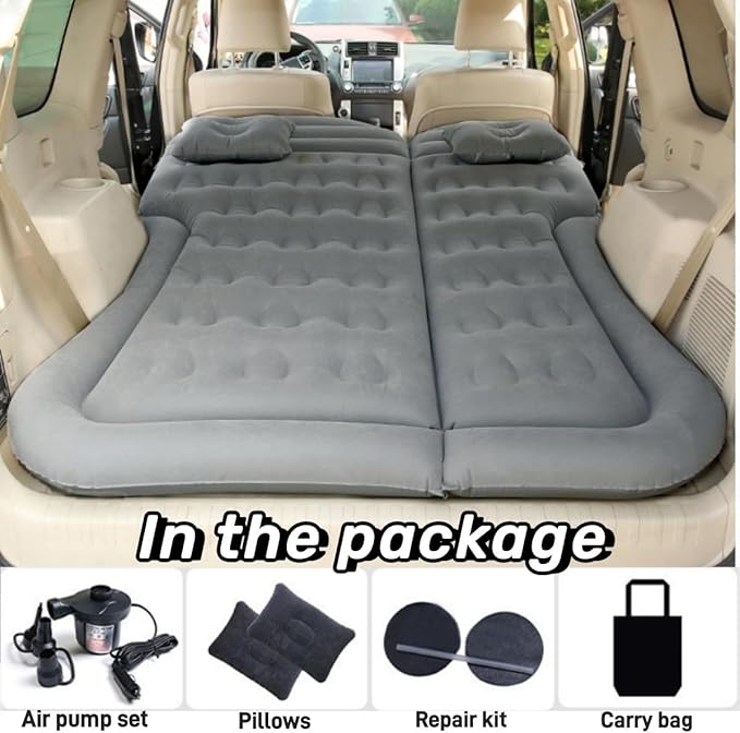 SUV Air Mattress Car Bed Inflatable Mattress for Truck Backseat - Portable Air Mattress with Flocking Surface and Pillows Foldable Air Bed for Home Tent Camping Travel - Light Grey