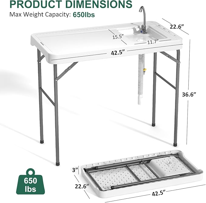 Fish Cleaning Table with Sink 42.5 Folding Camping Table &amp Fish Cleaning Station with Measure Mark Camping Sink with Hose Hookup for Outdoor Picnic Beach Dock &amp Patio Use
