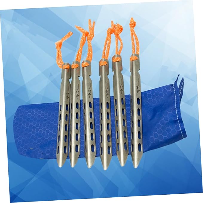 1Set Titanium Alloy Camping Tent Stakes Windproof V Shaped Ground Pegs for Secure Tenting Hard Surfaces Lightweight and Durable with Carry Pouch