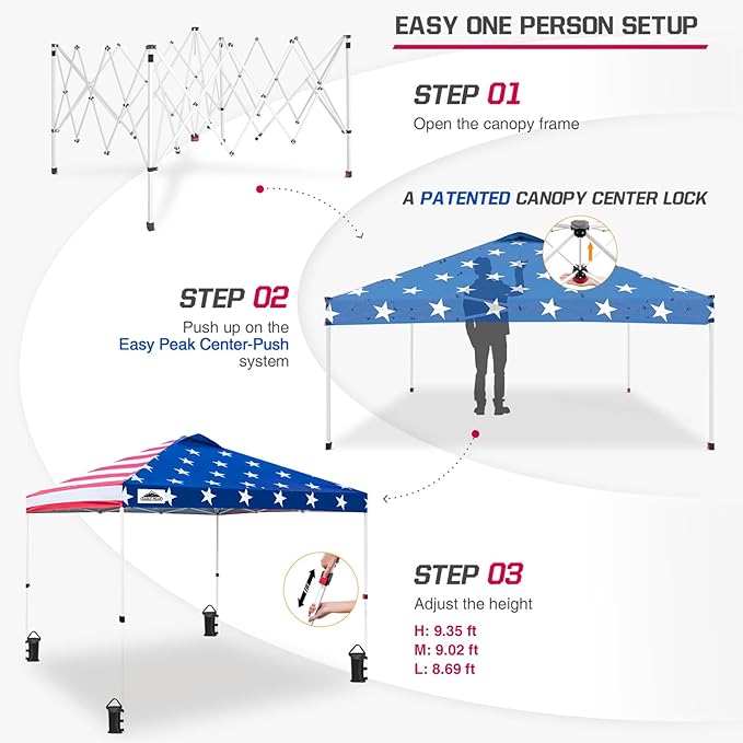 EAGLE PEAK Pop Up Canopy Tent with Wheeled Carry Bag 8 Stakes 4 Ropes 4 Weight Bags Easy Set Up Tent Canopy 10x10 ft 100sqft of Shade American Flag