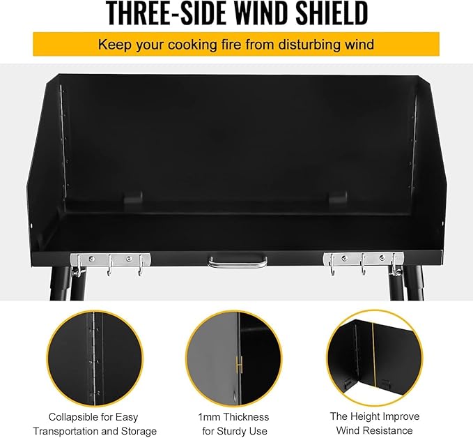 Carbon Steel Camp Cooking Table Dutch Oven Table with Three-Sided Windscreen and Four Legs for Grill Travel Outdoor PicnicBeachBBQBackyards30x16