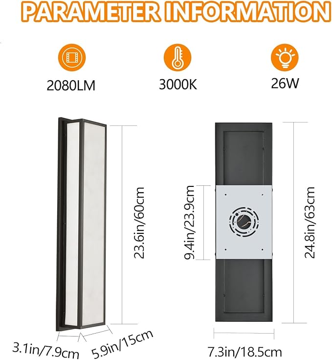 Outdoor Wall LightLED 26W Modern Exterior Lighting Fixture with Resin Shade24.8in Rectangle Waterproof Porch Sconce IP65 for GarageFront DoorPatio