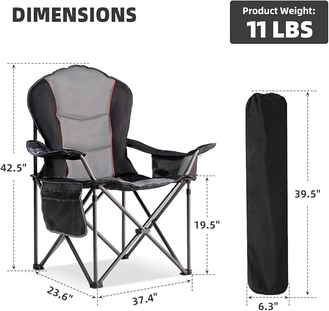 Large Camping Chair with Side Table Heavy Duty 500LBS - Folding Outdoor Chair with Cooler Bag (Black &amp Light Gray 1 PCS)