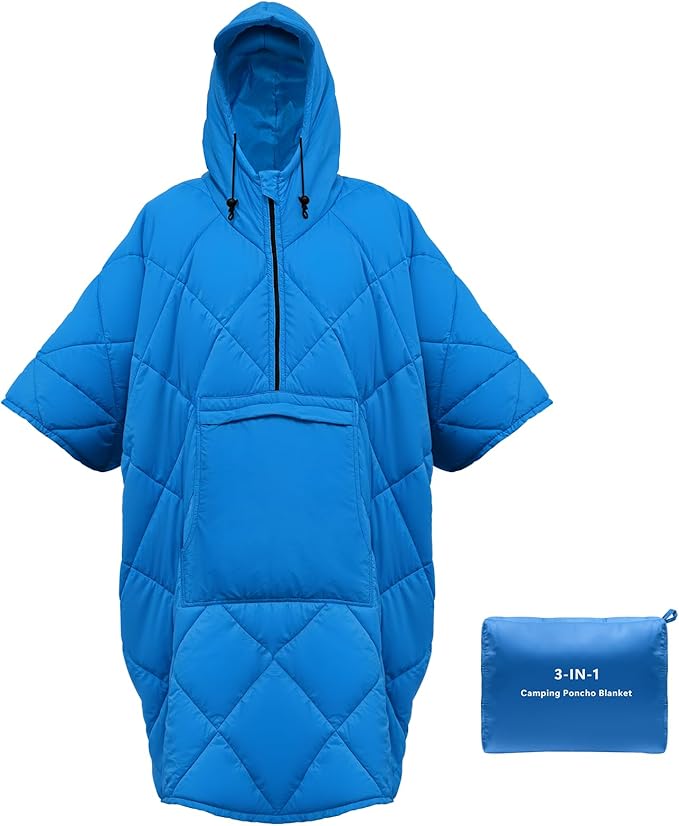 Camping Outdoor Blanket Ultralight Down Alternative Printed Travel Camp Blankets for Sleeping Packable Waterproof Puffy Quilt for Hammock Picnic Stadium Beach Cold Weather (Blue Blanket Poncho)