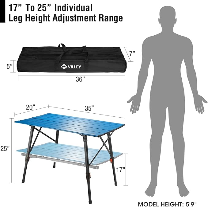 VILLEY Portable Camping Table with Adjustable Legs Lightweight Aluminum Folding Beach Table with Carrying Bag for Outdoor Cooking Picnic Beach Backyards BBQ and Party