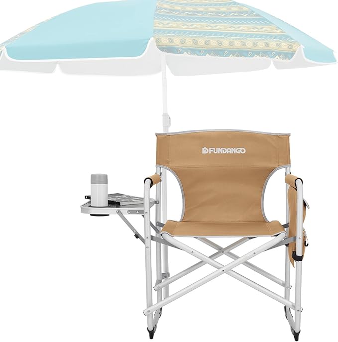 FUNDANGO Aluminium Camping Director Chair with Armrest Portable Lightweight Folding Outdoor Camping Chair with Side Table &amp Umbrella Holder Full Back Lawn Chair for Camping Fishing Picnic Stadiu